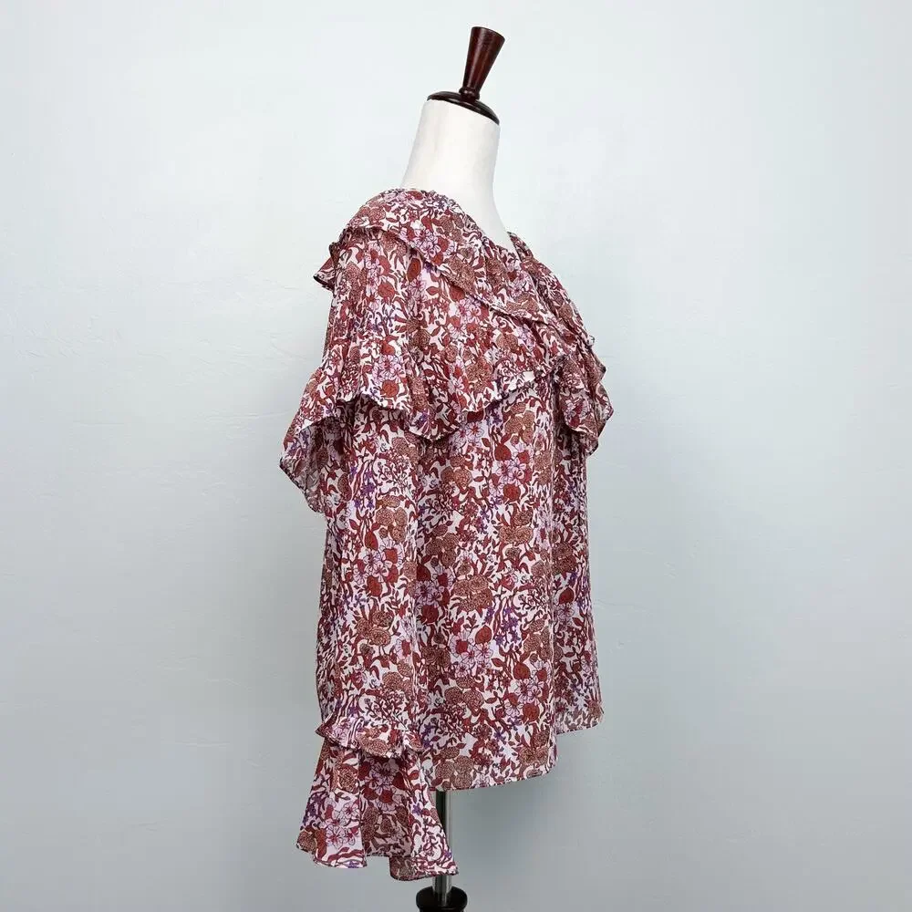 J. Crew Crinkle Chiffon Floral Fete Ruffle Bell Long Sleeve V-Neck Blouse MEDIUM - Picture 6 of 11